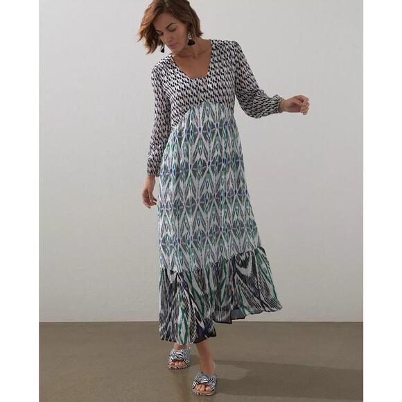 Chicos Ikat Tiered Hem Clip Ikat Maxi Dress Chicos Sz 00 US 2 40th Anniversary - Picture 2 of 14